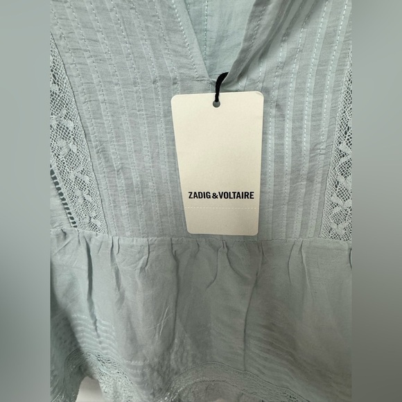 Zadig & Voltaire Tosea Top Short Sleeve Peplum Lace Trim Blue Small - Picture 5 of 8